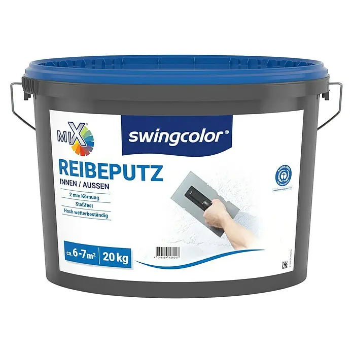 swingcolor Mix Dekoputz Reibeputz zum Mischen lassen - Basismischfarbe 5, Körnung: 2 mm, 20 kg, Konservierungsmittelfrei - Eimer Swingcolor Reibeputz für Innen- und Außenbereiche, 2 mm Körnung, stoßfest und hoch wetterbeständig, ca. 6-7 m², 20 kg.