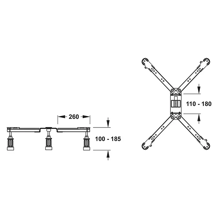 Mepa Duschwannenfuß BW-5 Maxi - Höhenverstellung: 100 mm - 185 mm - Abbildung eines Montageprodukts mit Maßangaben. Das Produkt weist verstellbare Elemente auf.