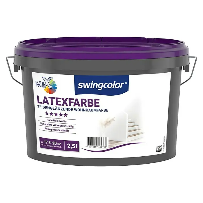 swingcolor Mix Latexfarbe zum Mischen lassen - Basismischfarbe 4, Seidenglänzend, 2,5 l, Lösemittelfrei - Dose mit Latex-Innenfarbe der Marke Swingcolor mit fünf Sternen für hohe Qualität und einer Füllmenge von 2,51 Litern.