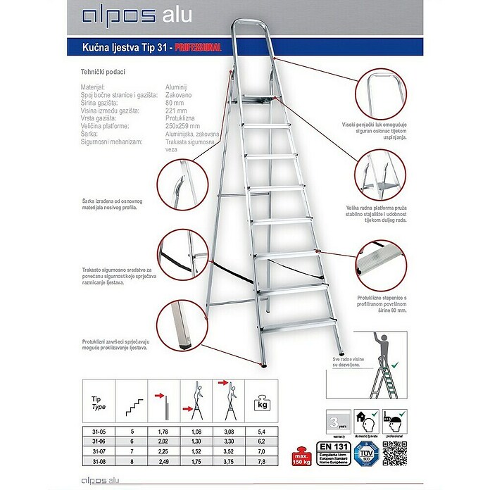 Alpos Alu Preklopne ljestve  (Broj stuba: 5 Kom., Radna visina: 3,08 m, Opteretivost: 150 kg, Aluminij) | BAUHAUS