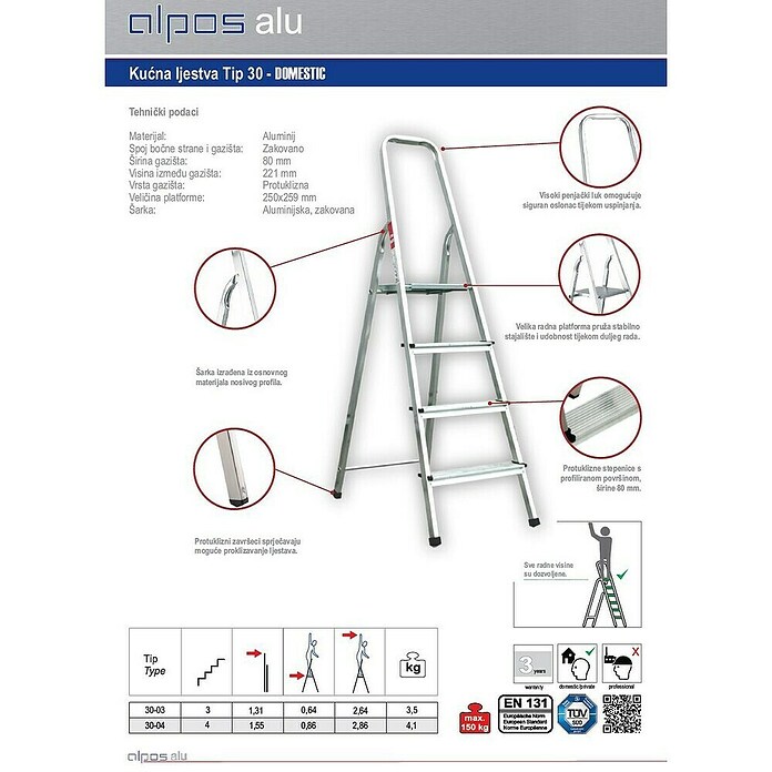 Alpos Alu Preklopne ljestve  (Broj stuba: 3 Kom., Radna visina: 2,64 m, Opteretivost: 150 kg, Aluminij) | BAUHAUS