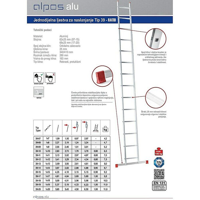 Alpos Alu Ljestve za naslanjanje  (Broj stuba: 9 Kom., Radna visina: 3,51 mm, Opteretivost: 150 kg, Aluminij) | BAUHAUS