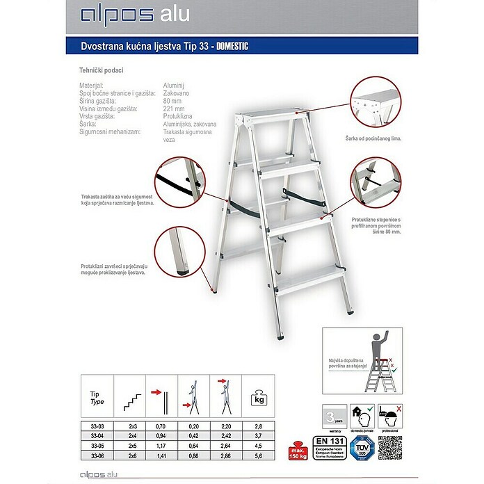 Alpos Alu Dvostruke ljestve s gazištem  (Broj stuba: 6 Kom., Radna visina: 2,2 m, Opteretivost: 150 kg, Aluminij) | BAUHAUS
