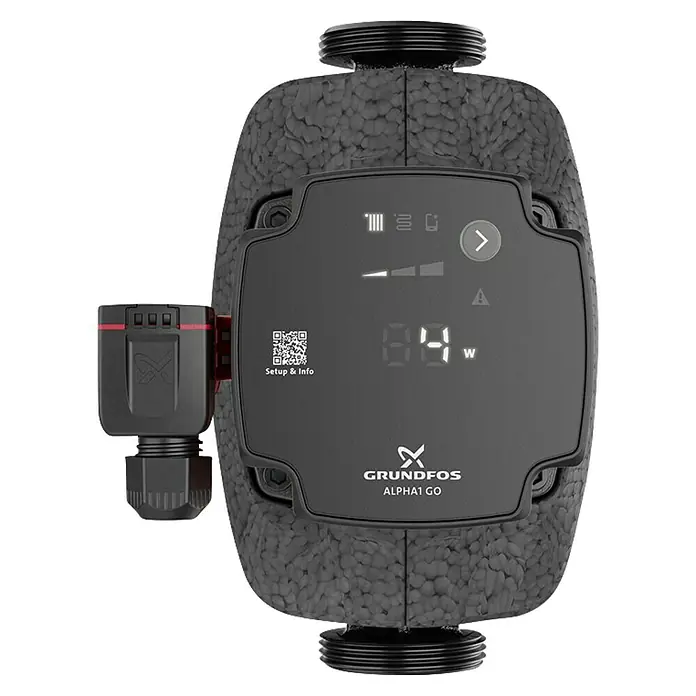 Grundfos Umwälzpumpe ALPHA1 GO 25-40 180 - Leistungsaufnahme: 4 W - 27 W, Förderhöhe: 4 m, Einbaulänge: 180 mm - Die Grundfos ALPHA1 GO Heizungspumpe mit digitalem Display und QR-Code für Setup-Informationen.