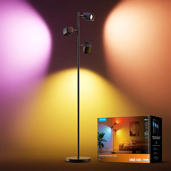 Govee LED-Stehleuchte Tree - 48 W, Höhe: 157 cm, Schwarz, RGBW - Intelligente Govee Stehlampe mit drei Leuchten, die farbiges Licht ausstrahlen, mit Produktverpackung, für eine individuelle Beleuchtung.