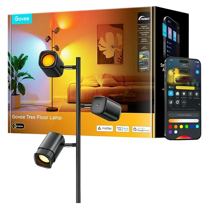 Govee LED-Stehleuchte Tree - 48 W, Höhe: 157 cm, Schwarz, RGBW - Das Bild zeigt eine Govee Tree Stehlampe, die mit einer App gesteuert werden kann und über RGBIC-Funktionen für LED-Beleuchtung verfügt.