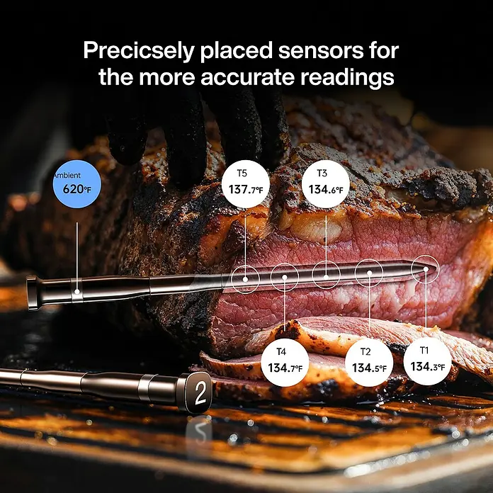 Typhur Grill-Thermometer Sync Dual - 3 -tlg., Kabellos; Verbindung via Bluetooth oder Wi-Fi - Ein Bratenthermometer misst präzise die Temperatur eines saftigen Bratens, dank der optimal platzierten Sensoren für akkurate Messwerte.