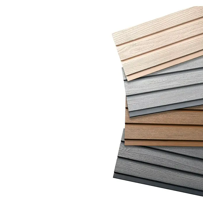 Steckzaun-Element Monza - 177,3 x 14 cm, Grau, 2er Pack WPC-Bohlen für Steckzaunsystem - Nahaufnahme von verschiedenen Holzverkleidungsfarben, die Textur und Farbtöne hervorheben.