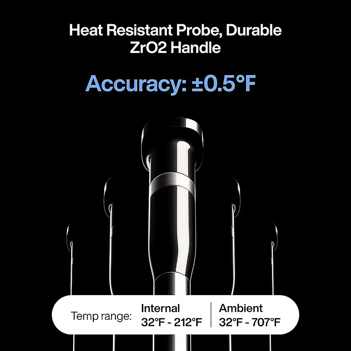 Typhur Grill-Thermometer Sync Dual - 3 -tlg., Kabellos; Verbindung via Bluetooth oder Wi-Fi - Abbildung eines Thermometers mit hitzebeständiger Sonde und ZrO2-Griff, Genauigkeit ±0,5°F, Messbereich intern 32°F - 212°F, extern 32°F - 707°F.