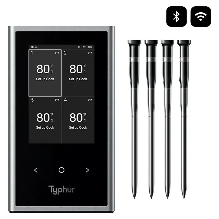 Typhur Grill-Thermometer Sync Quad - 5 -tlg., Kabellos; Verbindung via Bluetooth oder Wi-Fi - Das Typhur-Kochthermometer-Set mit vier Sensoren und einer intelligenten Basisstation für präzises Kochen.