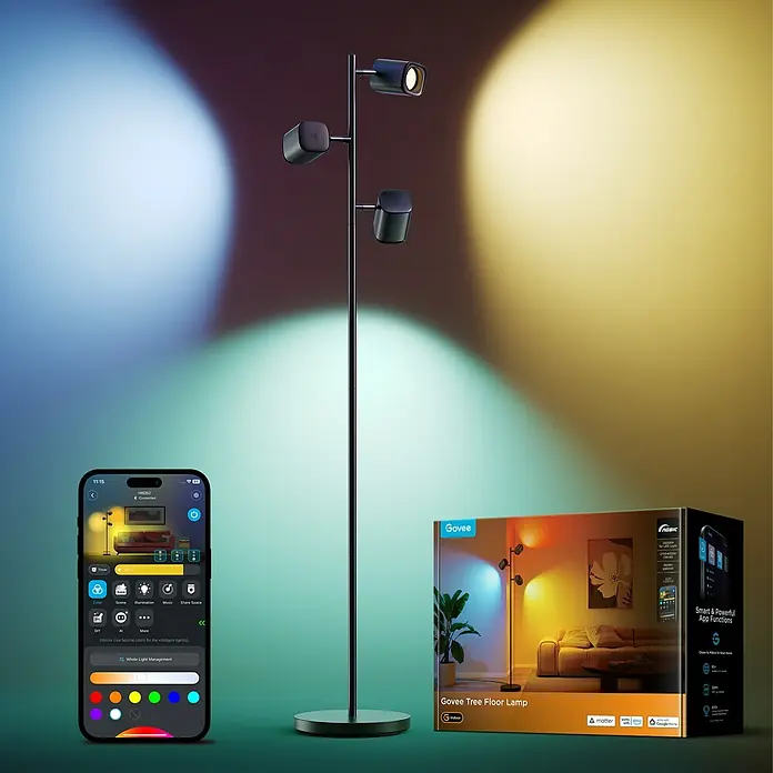 Govee LED-Stehleuchte Tree - 48 W, Höhe: 157 cm, Schwarz, RGBW - Elegante Govee Stehlampe mit drei Leuchten und Smartphone-Steuerung, die moderne Beleuchtung und intelligente Funktionen vereint.