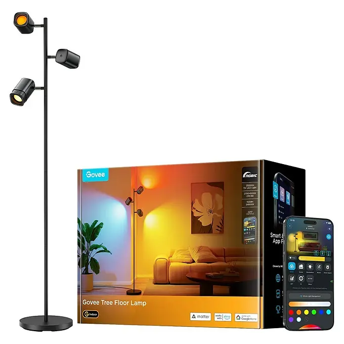 Govee LED-Stehleuchte Tree - 48 W, Höhe: 157 cm, Schwarz, RGBW - Hier ist eine Govee Tree Stehlampe mit App-Steuerung für stimmungsvolle Beleuchtung im Haus.