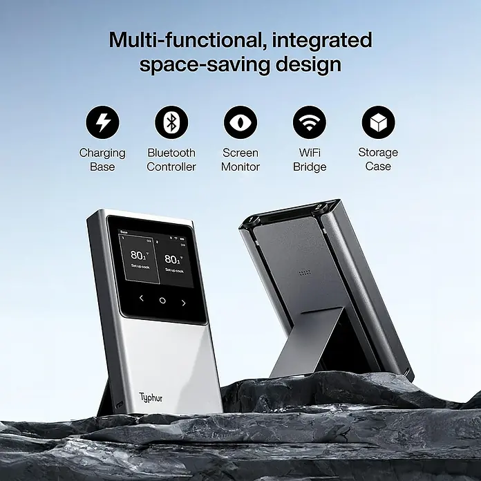 Typhur Grill-Thermometer Sync Dual - 3 -tlg., Kabellos; Verbindung via Bluetooth oder Wi-Fi - Das Bild zeigt ein multifunktionales, integriertes, platzsparendes Design mit Ladestation, Bluetooth-Steuerung, Bildschirmmonitor, WiFi-Bridge und Aufbewahrungsbox.