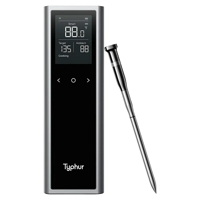 Typhur Grill-Thermometer Sync One - 2 -tlg., Kabellos; Verbindung via Bluetooth oder Wi-Fi - Intelligentes Thermometer von Typhur mit großem Display und Temperaturfühler für präzises Kochen.