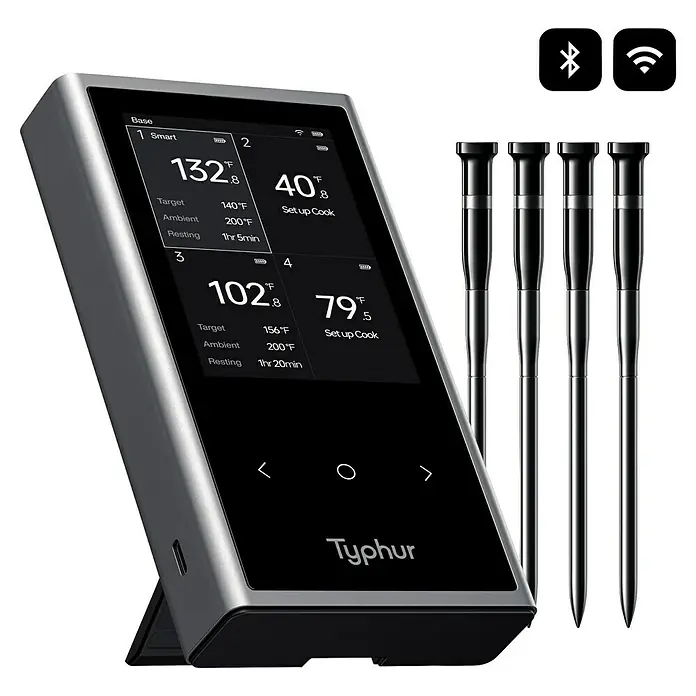 Typhur Grill-Thermometer Sync Quad - 5 -tlg., Kabellos; Verbindung via Bluetooth oder Wi-Fi - Ein intelligentes Küchenthermometer von Typhur mit vier Temperaturfühlern für präzises Kochen. Ideal für jeden Koch.