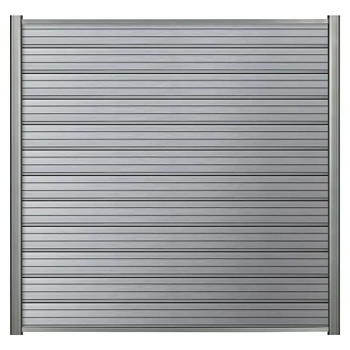 Steckzaun-Element Monza - 177,3 x 14 cm, Grau, 2er Pack WPC-Bohlen für Steckzaunsystem - Nahaufnahme einer Rollladentür aus Metall, die ein Gefühl von Sicherheit und modernem Design vermittelt.