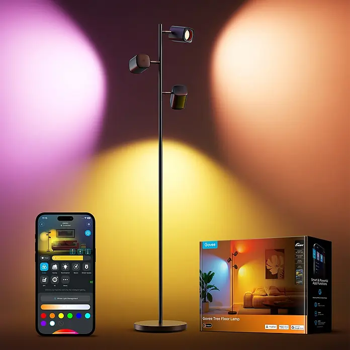 Govee LED-Stehleuchte Tree - 48 W, Höhe: 157 cm, Schwarz, RGBW - Hier ist eine Govee Tree Stehlampe mit anpassbarer Beleuchtung und App-Steuerung, die eine vielseitige Atmosphäre für jeden Raum schafft.