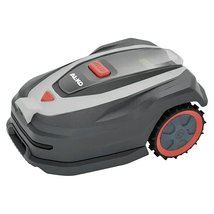 AL-KO 18V/36V Mähroboter Robolinho 1000 Vision - 1.000 m², Schnittbreite: 21 cm, Kamera-gestützte Navigation - Ein AL-KO Robolinho Mähroboter in Grau mit roten Akzenten und prominentem Stoppknopf, ideal für die Rasenpflege.