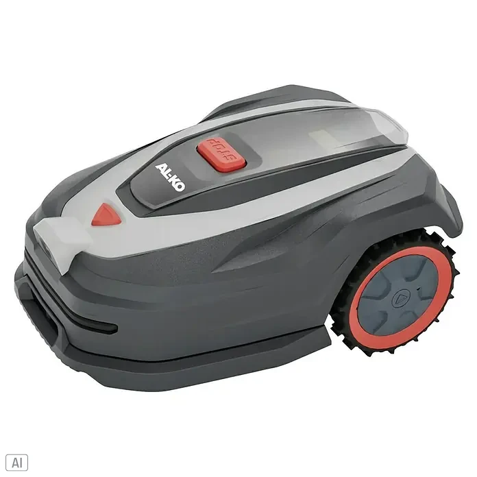 AL-KO 18V/36V Mähroboter Robolinho 500 Vision - 500 m², Schnittbreite: 20 cm, Kamera-gestützte Navigation - Ein AL-KO Robolinho Mähroboter in Grau mit roten Akzenten und prominentem Stoppknopf, ideal für die Rasenpflege.