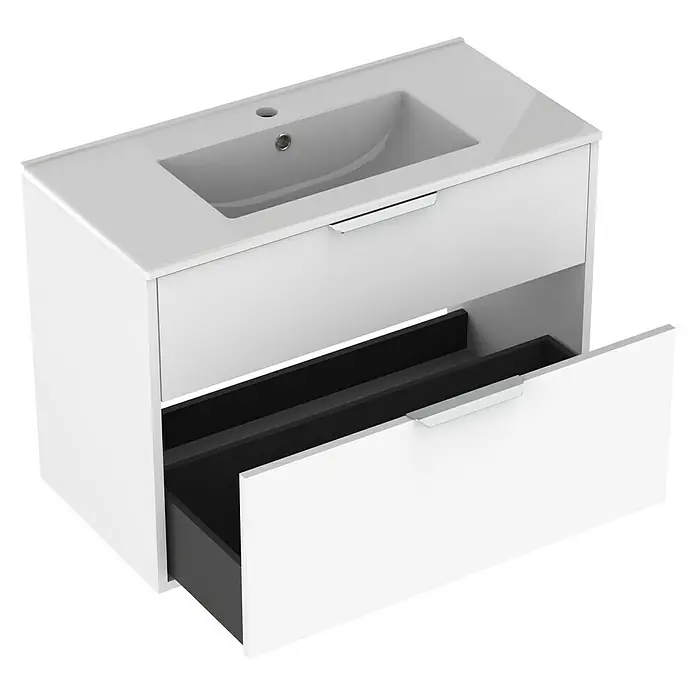 Outlets Bath Waschbeckenunterschrank Triana - Weiß, 80 x 38 x 56 cm, Farbe Griff: Chrom - Ein modernes Waschbecken mit Unterschrank in Weiß. Der Waschtisch bietet praktischen Stauraum und ein minimalistisches Design für das Badezimmer.