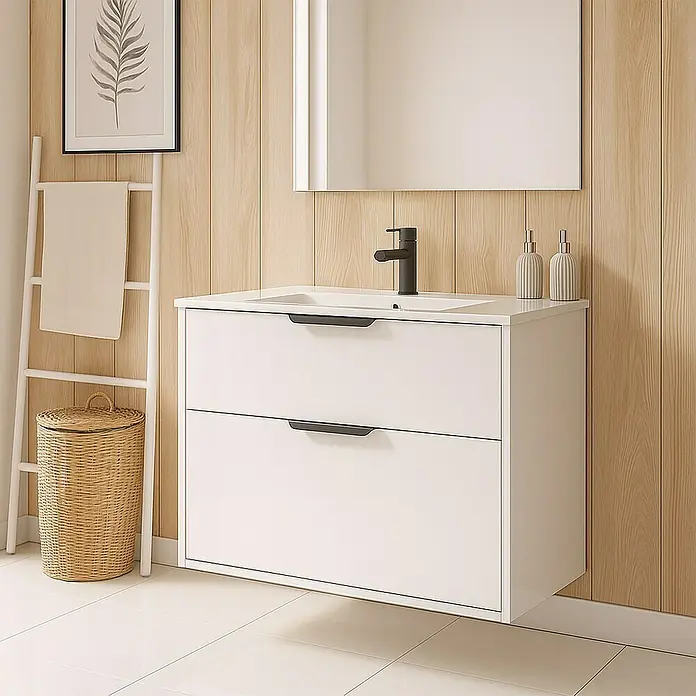 Outlets Bath Waschbeckenunterschrank Triana - Weiß, 80 x 38 x 54 cm, Farbe Griff: Schwarz, Matt - Elegantes Badezimmer mit einem modernen, schwebenden Waschtisch mit zwei Schubladen und stilvoller Armatur.