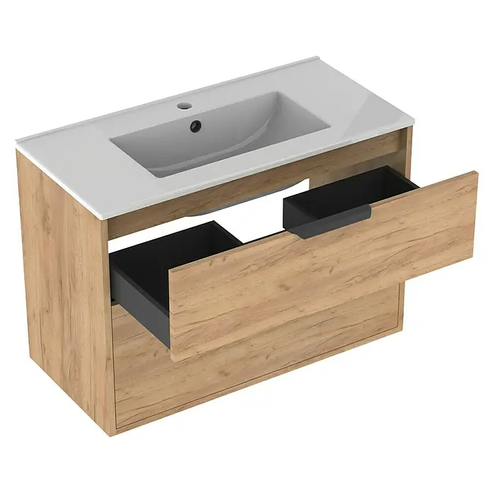 Outlets Bath Waschbeckenunterschrank Triana - Craft Oak, 80 x 38 x 54 cm, Farbe Griff: Schwarz - Ein Waschbeckenunterschrank mit offenem Schubladen und Holzoptik. Das Waschbecken ist weiß und die Schubladen sind schwarz.