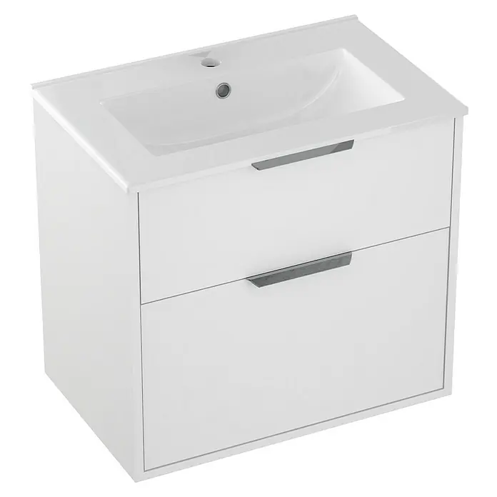 Outlets Bath Waschbeckenunterschrank Triana - Weiß, 60 x 38 x 56 cm, Farbe Griff: Chrom, Matt - Waschbeckenunterschrank mit zwei Schubladen und weißer Oberfläche. Das Waschbecken ist in die Oberfläche integriert.