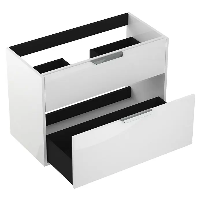 Outlets Bath Waschbeckenunterschrank Triana - Weiß, 80 x 38 x 54 cm, Farbe Griff: Chrom, Hochglänzend - Ein weißer Badezimmerschrank mit zwei Schubladen, wobei die untere Schublade geöffnet ist, um das Innere zu zeigen.