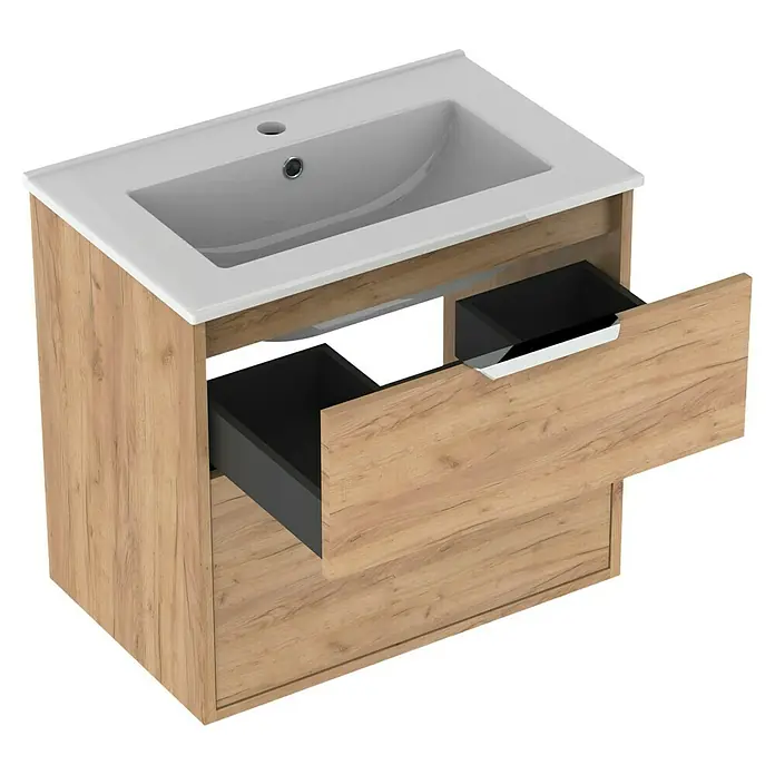 Outlets Bath Waschbeckenunterschrank Triana - Craft Oak, 60 x 38 x 56 cm, Farbe Griff: Chrom - Eitelkeit mit einem Waschbecken und zwei Schubladen in Holzoptik. Das Möbelstück ist modern und funktional.