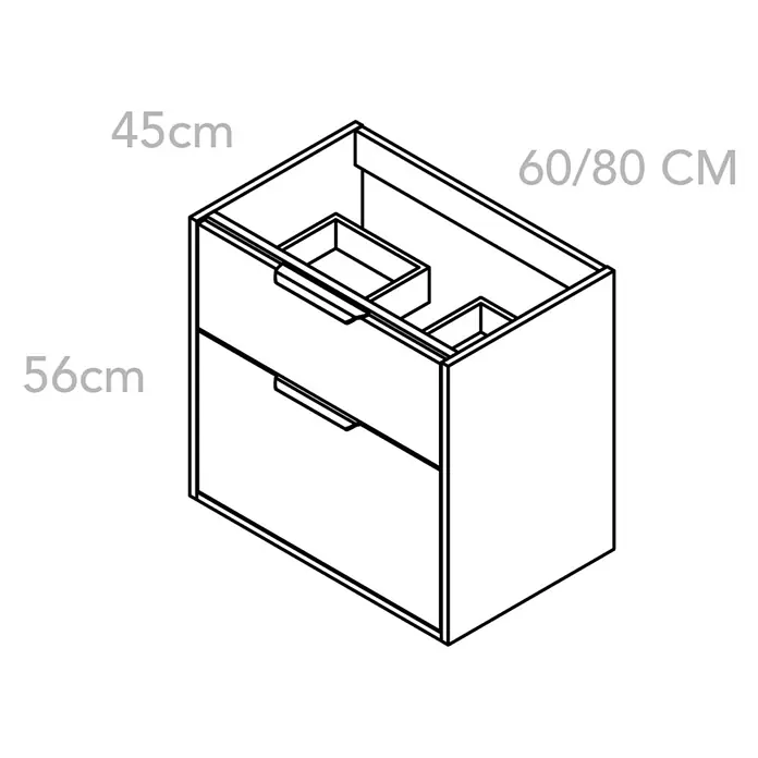 Outlets Bath Waschbeckenunterschrank Triana - Weiß, 80 x 38 x 54 cm, Farbe Griff: Schwarz, Matt - Zeichnung eines Badezimmerschranks mit Schubladen und den Maßen 45 cm Breite, 56 cm Höhe und 60/80 cm Tiefe.
