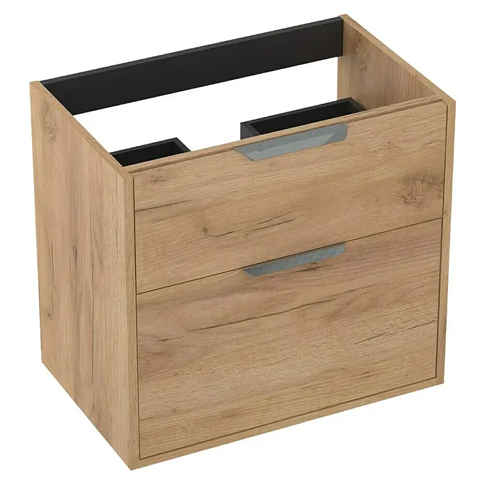 Outlets Bath Waschbeckenunterschrank Triana - Craft Oak, 60 x 38 x 56 cm, Farbe Griff: Chrom - Bild eines Waschbeckenunterschranks in Holzoptik mit zwei Schubladen und grauen Griffen.