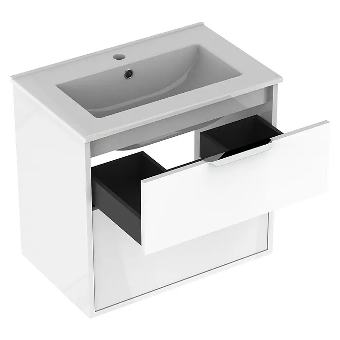 Outlets Bath Waschbeckenunterschrank Triana - Weiß, 60 x 38 x 56 cm, Farbe Griff: Chrom, Hochglänzend - Modernes, weißes Waschbeckenunterschrank-Set mit offenem Schubfach, ideal für stilvolle Badezimmerlösungen.