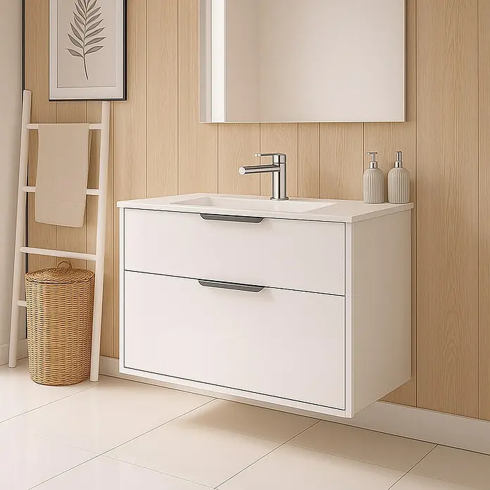 Outlets Bath Waschbeckenunterschrank Triana - Weiß, 80 x 38 x 56 cm, Farbe Griff: Chrom - Elegantes Badezimmer-Waschbecken mit zwei Schubladen und Armatur, stilvolles Design für moderne Bäder.