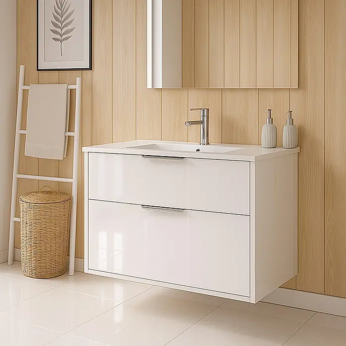 Outlets Bath Waschbeckenunterschrank Triana - Weiß, 80 x 38 x 54 cm, Farbe Griff: Chrom, Hochglänzend - Ein moderner Badezimmerschrank in Weiß mit Waschbecken und zwei Schubladen, ergänzt durch stilvolle Accessoires und eine helle, freundliche Atmosphäre.