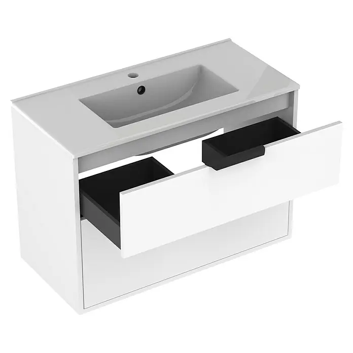 Outlets Bath Waschbeckenunterschrank Triana - Weiß, 80 x 38 x 54 cm, Farbe Griff: Schwarz, Matt - Moderner Waschbeckenunterschrank in Weiß mit zwei Auszügen für ein stilvolles Badezimmerambiente.