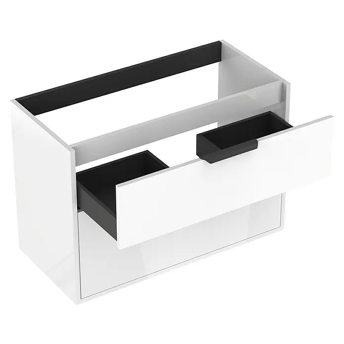 Outlets Bath Waschbeckenunterschrank Triana - Weiß, 80 x 38 x 54 cm, Farbe Griff: Schwarz, Hochglänzend - Das Bild zeigt ein modernes, weißes Badezimmermöbel mit zwei Schubladen, von denen eine geöffnet ist und eine schwarze Innenseite hat.