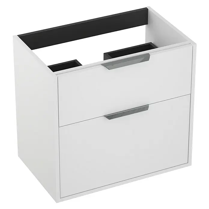 Outlets Bath Waschbeckenunterschrank Triana - Weiß, 60 x 38 x 56 cm, Farbe Griff: Chrom, Matt - Weißer Waschbeckenunterschrank mit zwei Schubladen und grauen Griffen für ein modernes Badezimmerdesign.