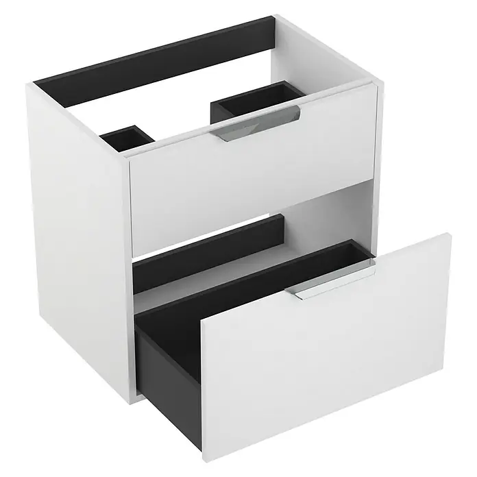 Outlets Bath Waschbeckenunterschrank Triana - Weiß, 60 x 38 x 56 cm, Farbe Griff: Chrom, Matt - Bild eines weißen Badezimmerschranks mit zwei Schubladen, von denen eine geöffnet ist. Die Schubladen sind mit silbernen Griffen versehen.