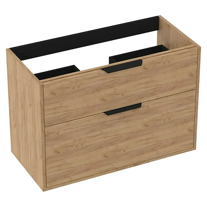 Outlets Bath Waschbeckenunterschrank Triana - Craft Oak, 80 x 38 x 54 cm, Farbe Griff: Schwarz - Ein Waschtischunterschrank in Holzoptik mit zwei Schubladen und schwarzen Griffen, ideal für moderne Badezimmer.