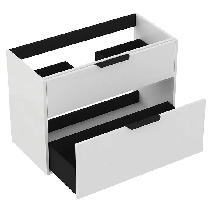 Outlets Bath Waschbeckenunterschrank Triana - Weiß, 80 x 38 x 54 cm, Farbe Griff: Schwarz, Hochglänzend - Ein weißer Badezimmerschrank mit zwei Schubladen, von denen eine geöffnet ist, und schwarzen Griffen.