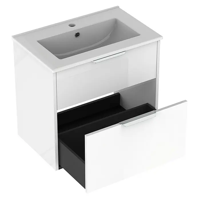 Outlets Bath Waschbeckenunterschrank Triana - Weiß, 60 x 38 x 56 cm, Farbe Griff: Chrom, Hochglänzend - Abbildung eines weißen Waschtischunterschranks mit einer offenen Schublade, die das schwarze Innere zeigt. Modernes Badmöbelstück.