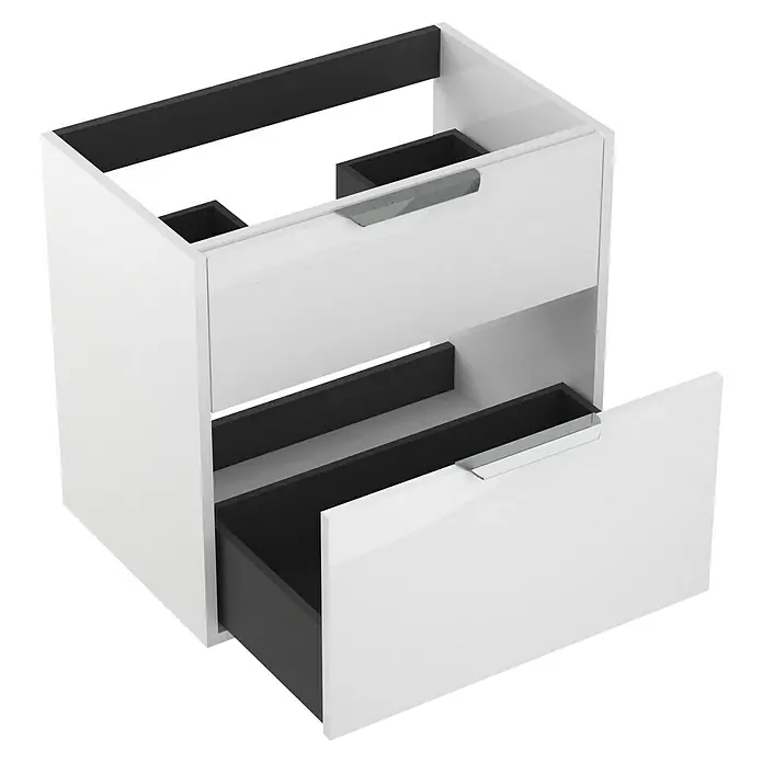 Outlets Bath Waschbeckenunterschrank Triana - Weiß, 60 x 38 x 56 cm, Farbe Griff: Chrom, Hochglänzend - Weißer Badezimmerschrank mit zwei Schubladen. Moderne Optik durch glänzende Oberflächen und minimalistische Griffe. Praktische Aufbewahrung.