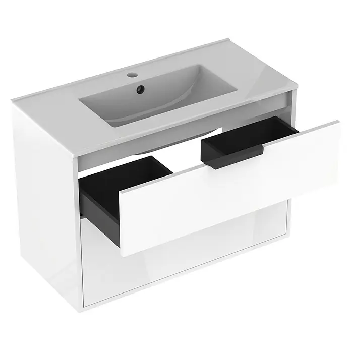 Outlets Bath Waschbeckenunterschrank Triana - Weiß, 80 x 38 x 54 cm, Farbe Griff: Schwarz, Hochglänzend - Ein weißer Waschtischunterschrank mit Schubladen, ideal für moderne Badezimmer, bietet stilvollen Stauraum.