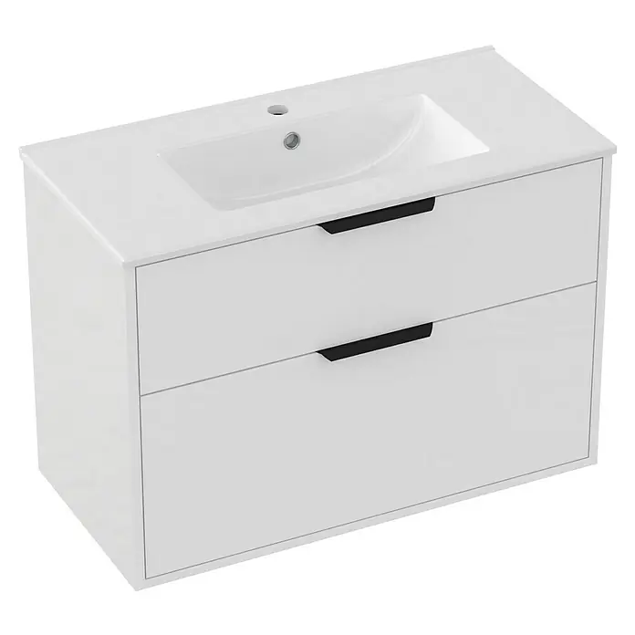 Outlets Bath Waschbeckenunterschrank Triana - Weiß, 80 x 38 x 54 cm, Farbe Griff: Schwarz, Hochglänzend - Dieser Waschtischunterschrank in Weiß bietet stilvollen Stauraum im Badezimmer. Mit zwei Schubladen und modernem Design.