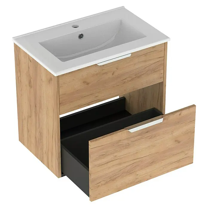 Outlets Bath Waschbeckenunterschrank Triana - Craft Oak, 60 x 38 x 56 cm, Farbe Griff: Chrom - Modernes Waschbeckenunterschrank-Set mit zwei Schubladen und Holzoptik für ein stilvolles Badezimmer.