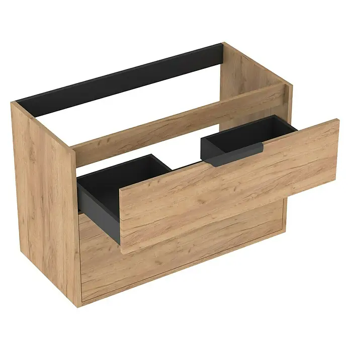 Outlets Bath Waschbeckenunterschrank Triana - Craft Oak, 80 x 38 x 54 cm, Farbe Griff: Schwarz - Detailaufnahme eines Waschtischunterschranks in Holzoptik mit zwei Schubladen.