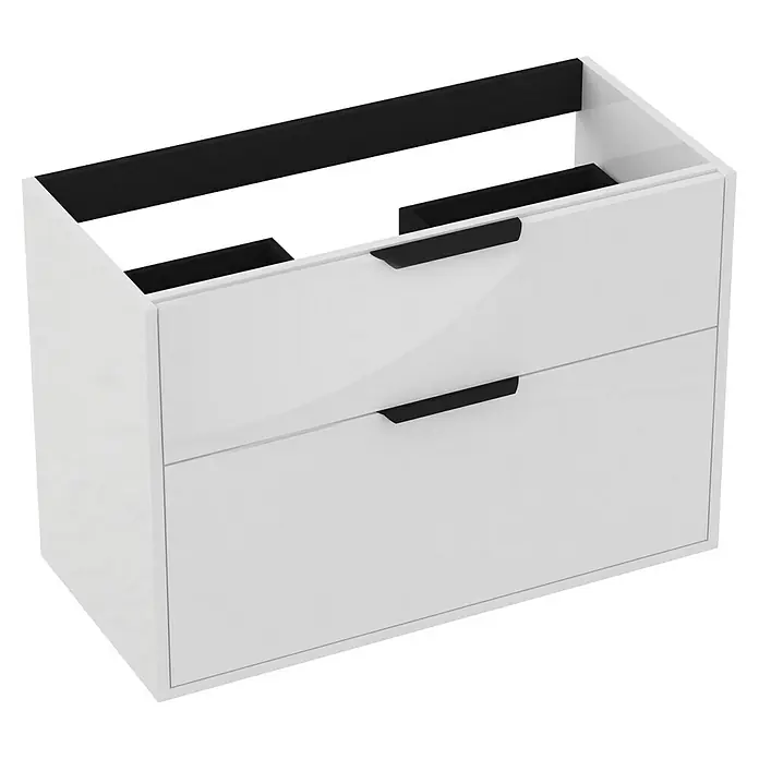 Outlets Bath Waschbeckenunterschrank Triana - Weiß, 80 x 38 x 54 cm, Farbe Griff: Schwarz, Hochglänzend - Weißer Waschtischunterschrank mit zwei Schubladen und schwarzen Griffen, moderne Badezimmereinrichtung.