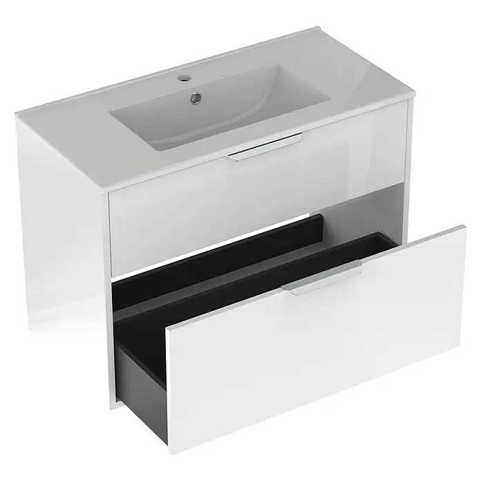 Outlets Bath Waschbeckenunterschrank Triana - Weiß, 80 x 38 x 54 cm, Farbe Griff: Chrom, Hochglänzend - Ein weißer Waschtischunterschrank mit einem Waschbecken oben und einer Schublade, die teilweise geöffnet ist.