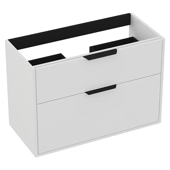 Outlets Bath Waschbeckenunterschrank Triana - Weiß, 80 x 38 x 54 cm, Farbe Griff: Schwarz, Matt - Bild eines weißen Badezimmerschranks mit zwei Schubladen und schwarzen Griffen, geeignet für die Aufbewahrung von Badutensilien.