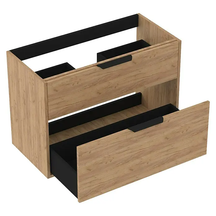 Outlets Bath Waschbeckenunterschrank Triana - Craft Oak, 80 x 38 x 54 cm, Farbe Griff: Schwarz - Detaillierte Ansicht eines modernen Badezimmerunterschranks mit Holzstruktur und schwarzen Griffen, wobei eine Schublade geöffnet ist.